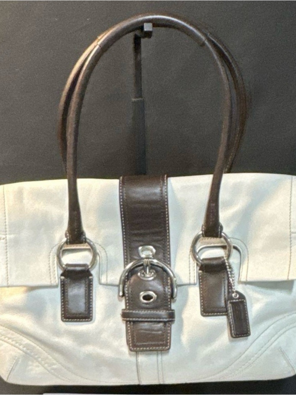 Coach White Brown Leather 2000s Hamptons Buckle Satchel Shoulder Bag